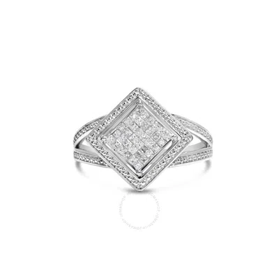 Haus Of Brilliance .925 Sterling Silver 1/3 Cttw Invisible Set Princess-cut Diamond Rhombus And Bead In White