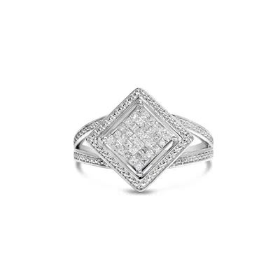 Haus Of Brilliance .925 Sterling Silver 1/3 Cttw Invisible Set Princess-cut Diamond Rhombus And Beaded Halo Ring In White