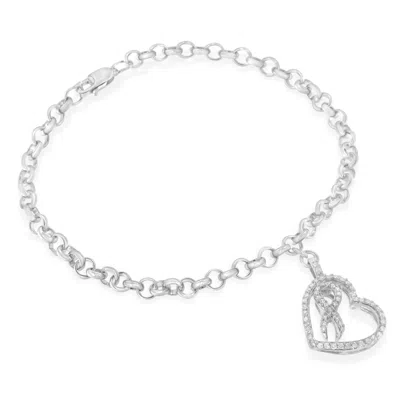 Haus Of Brilliance .925 Sterling Silver 1/4 Cttw Diamond-accented Heart And Ribbon Charm 7" Link Chain Bracelet In White