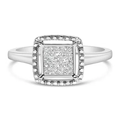 Haus Of Brilliance .925 Sterling Silver 1/5 Cttw Invisible Set Princess Cut Diamond Promise Ring With Beaded Halo In Metallic