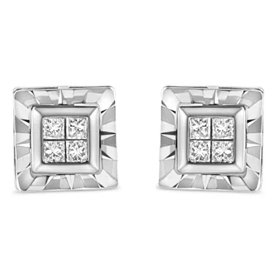 Haus Of Brilliance .925 Sterling Silver 1/6 Cttw Invisible Set Princess-cut Diamond Quad Composite Stud Earrings In White