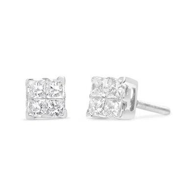 Haus Of Brilliance .925 Sterling Silver 5/8 Cttw Princess Cut Diamond Invisible Set Quad Composite Stud Earrings In Metallic
