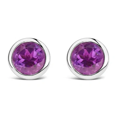Haus Of Brilliance .925 Sterling Silver 6mm Bezel Set Created Gemstone Solitaire Stud Earrings In Purple