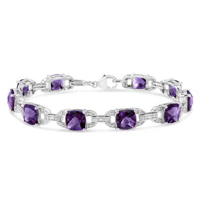 Haus Of Brilliance .925 Sterling Silver 7mm Cushion Cut Amethyst Gemstone And Diamond Tennis Link Bracelet In Multi