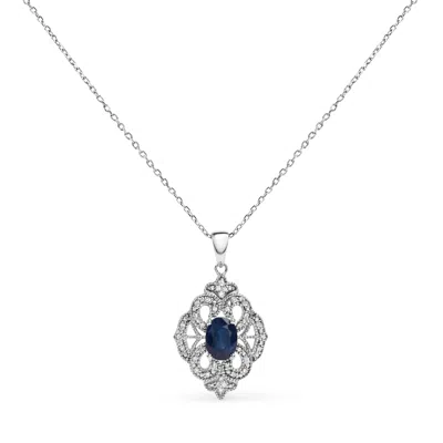 Haus Of Brilliance .925 Sterling Silver 7x5 Mm Oval Blue Sapphire And Diamond Accent Art Deco Style Shield Shaped 18" P In White