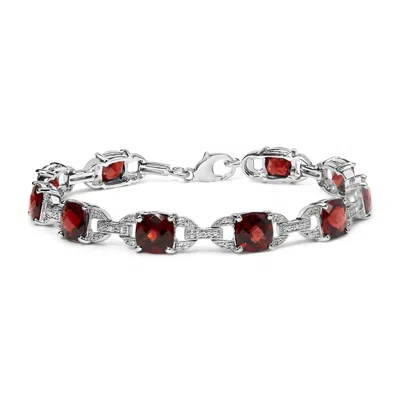 Haus Of Brilliance .925 Sterling Silver 7x7mm Checkered Cushion Red Garnet And Diamond Accent Fashion Tennis Link Brace In White