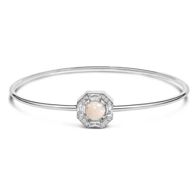 Haus Of Brilliance .925 Sterling Silver 7x7mm Created Opal And White Sapphire Halo Bangle Bracelet