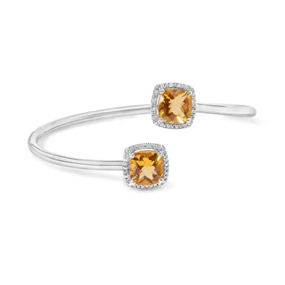 Haus Of Brilliance .925 Sterling Silver 8mm Cushion Cut Yellow Citrine Gemstone And Diamond Accent Split Bypass Bangle  In White