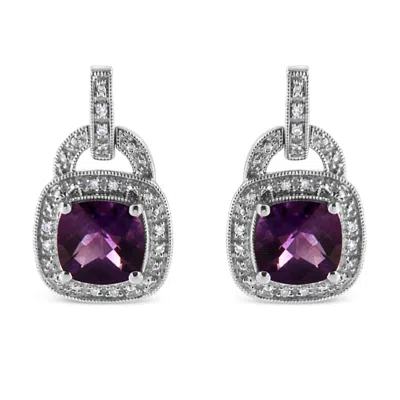 Haus Of Brilliance .925 Sterling Silver 8mm Natural Cushion Shaped Amethyst And Diamond Accent Halo With Push Back Dang In Purple