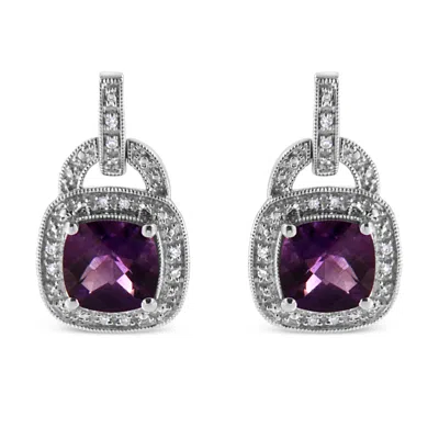 Haus Of Brilliance .925 Sterling Silver 8mm Natural Cushion Shaped Amethyst And Diamond Accent Halo With Push Back Dang In White