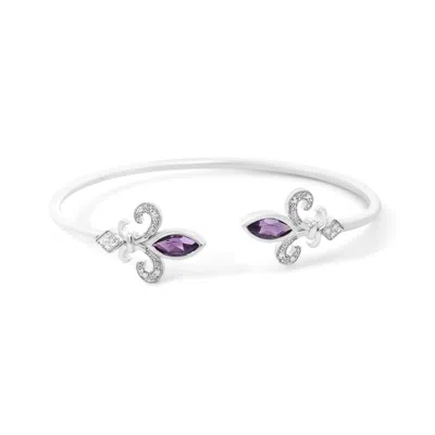 Haus Of Brilliance .925 Sterling Silver 8x4mm Marquise Purple Amethyst And Diamond Accent Fleur Di Lis Open Cuff Bangle In White