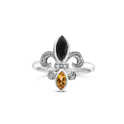 Haus Of Brilliance .925 Sterling Silver Black Onyx And Yellow Citrine Marquise And Diamond Accent Fleur De Lis Ring In White