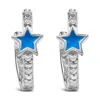 Haus Of Brilliance .925 Sterling Silver Diamond Accent And Blue Enamel Star Hoop Earrings In Metallic