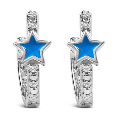 Haus Of Brilliance .925 Sterling Silver Diamond Accent And Blue Enamel Star Hoop Earrings In Metallic