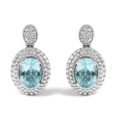 Haus Of Brilliance .925 Sterling Silver Diamond Accent And Oval Blue Topaz With Beaded Halo Drop Stud Earrings In Multi