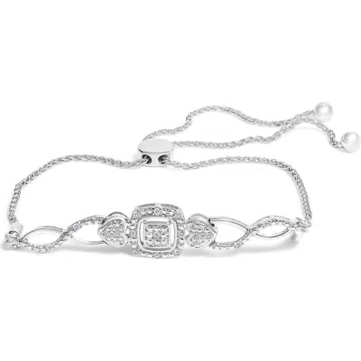 Haus Of Brilliance .925 Sterling Silver Diamond Cushion Frame Heart-sides Twist Adjustable Bolo Tenn In Metallic