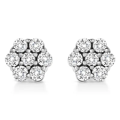 Haus Of Brilliance .925 Sterling Silver Lab Grown Brilliant Round Cut Diamond Floral Cluster Stud Earrings In White