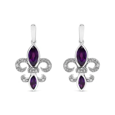 Haus Of Brilliance .925 Sterling Silver Marquise Cut Amethyst And Diamond Accent Fleur De Lis Dangle Stud Earrings In White