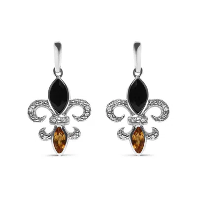 Haus Of Brilliance .925 Sterling Silver Marquise Cut Onyx And Citrine With Diamond Accent Fleur De Lis Drop Stud Earrin In White