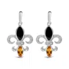 Haus Of Brilliance .925 Sterling Silver Marquise Cut Onyx And Citrine With Diamond Accent Fleur De Lis Drop Stud Earrin In White
