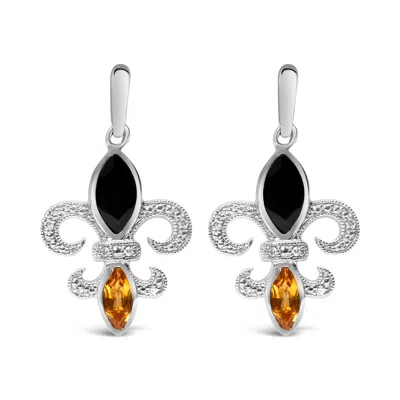 Haus Of Brilliance .925 Sterling Silver Marquise Cut Onyx And Citrine With Diamond Accent Fleur De Lis Drop Stud Earrin In White