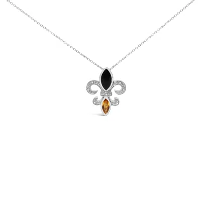 Haus Of Brilliance .925 Sterling Silver Marquise Onyx And Citrine And Diamond Accent Fleur De Lis Pendant Necklace In White