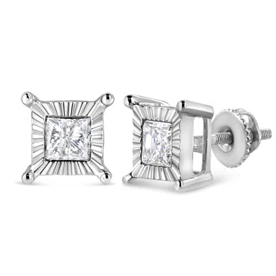 Haus Of Brilliance .925 Sterling Silver Miracle Set Princess-cut Diamond Solitaire Stud Earrings In White