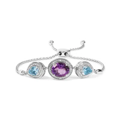Haus Of Brilliance .925 Sterling Silver Oval Amethyst And Pear Blue Topaz With Diamond Accent Lariat 4"-10" Adjustable In White