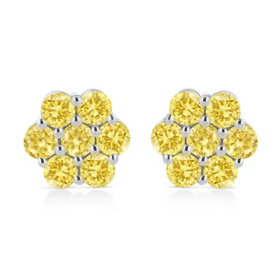 Haus Of Brilliance .925 Sterling Silver Prong Set Round-cut Treated Colored Diamond Floral Cluster Stud Earring In Multi