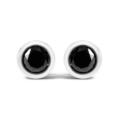 Haus Of Brilliance .925 Sterling Silver Round Brilliant-cut Black Diamond Bezel-set Stud Earrings With Screw Backs In White