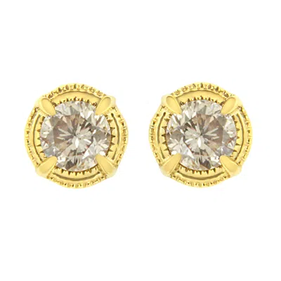 Haus Of Brilliance .925 Sterling Silver Round Brilliant Cut Diamond Solitaire Milgrain Stud Earrings In Yellow