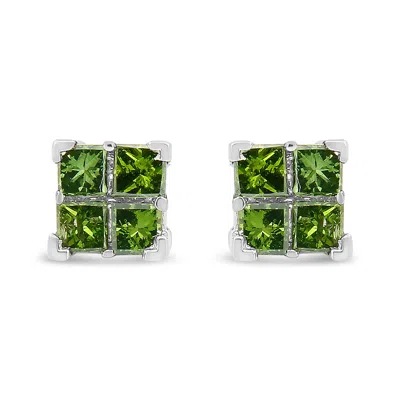 Haus Of Brilliance .925 Sterling Silver Treated Green Princess-cut Diamond 4 Stone Composite Quad Stud Earring In White
