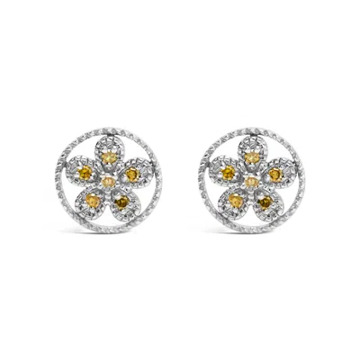Haus Of Brilliance .925 Sterling Silver Yellow Diamond Accent Star And Wheel Milgrain Style Stud Earrings In White