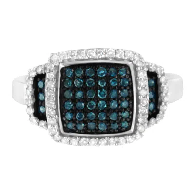 Haus Of Brilliance Black Rhodium Plated .925 Sterling Silver 1/2 Cttw White & Blue Diamond Square Halo Cocktail Ring