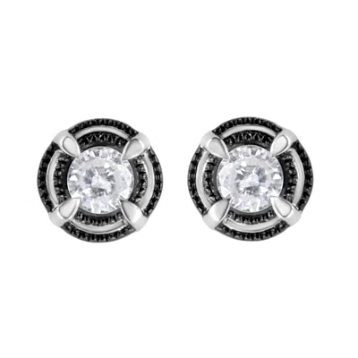 Haus Of Brilliance Black Rhodium Plated .925 Sterling Silver Round Diamond Double Halo 4-prong Solitaire Milgrain Stud  In White