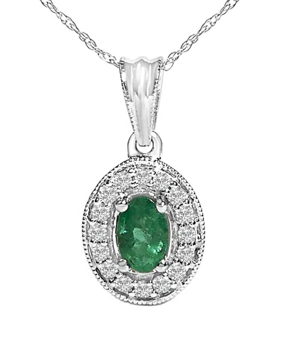 Haus Of Brilliance 14k White Gold Oval 6x4 Mm Green Emerald And Diamond Halo Pendant Necklace In Silver