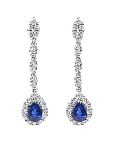 Haus Of Brilliance 18k White Gold 1 3/5 Cttw Diamond And 7x5 Mm Pear Shaped Blue Sapphire 1 1/3 Inch Drop And Dangle Ha