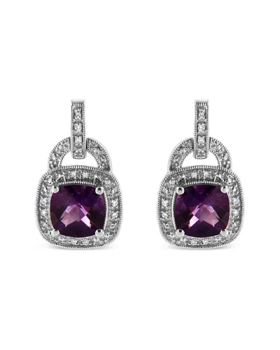 Haus Of Brilliance .925 Sterling Silver 8mm Natural Cushion Shaped Amethyst And Diamond Accent Halo With Push Back Dang In Purple