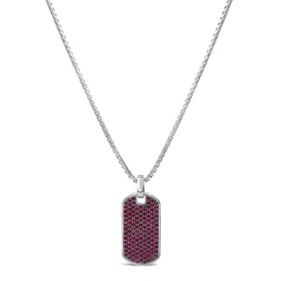 Haus Of Brilliance Men's .925 Sterling Silver Created Red Ruby Dog Tag Pendant Necklace - 22" Inches In White