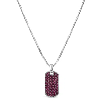 Haus Of Brilliance Men's .925 Sterling Silver Created Red Ruby Dog Tag Pendant Necklace In Multi