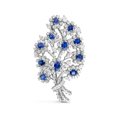 HAUS OF BRILLIANCE PLATINUM BLUE SAPPHIRE AND 12.00 CTTW DIAMOND FLORAL BOUQUET BROOCH PIN