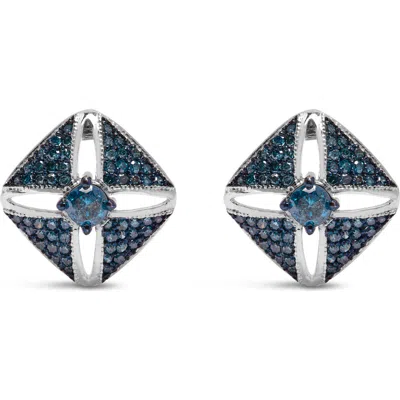 Haus Of Brilliance Silver 1.0 Ct Blue Diamond Studded Rhombus Stud Earring