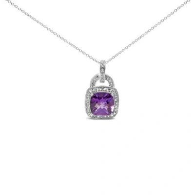 Haus Of Brilliance Silver 10x10 Mm Cushion Purple Amethyst And Diamond Accent Halo Pendant Necklace