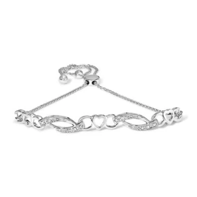Haus Of Brilliance .925 Sterling Silver 1/10 Cttw Diamond Heart Link Adjustable Bolo Bracelet In Metallic