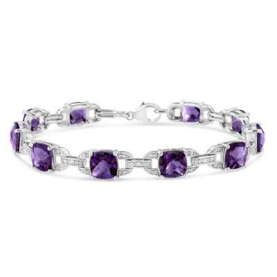 Haus Of Brilliance .925 Sterling Silver 7mm Cushion Cut Amethyst Gemstone And Diamond Tennis Link Bracelet In Multi
