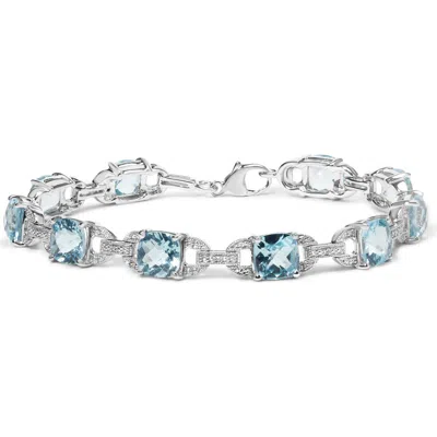 Haus Of Brilliance Silver 7x7 Mm Cushion Cut Blue Topaz And Diamond Accent Tennis Bracelet In Metallic