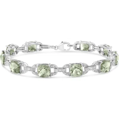 Haus Of Brilliance Silver 7x7 Mm Green Amethyst And Diamond Accent Tennis Bracelet In Gray