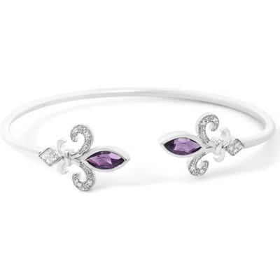 Haus Of Brilliance .925 Sterling Silver 8x4mm Marquise Purple Amethyst And Diamond Accent Fleur Di Lis Open Cuff Bangle In Multi