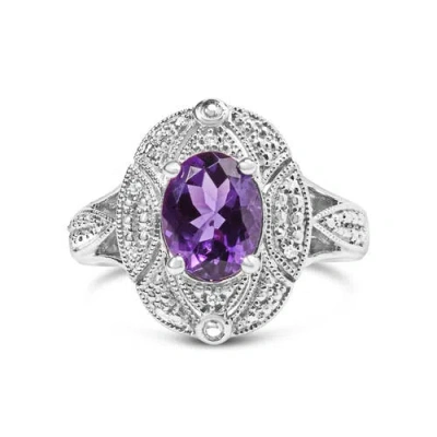 Haus Of Brilliance .925 Sterling Silver 9x7mm Oval Purple Amethyst And Round Diamond Accent Fashion Cocktail Ring In White