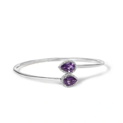 Haus Of Brilliance .925 Sterling Silver 8 X 5.5mm Pear Shape Amethyst And Diamond Accent Halo Bypass Bangle Bracelet In White